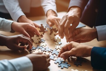 Diverse Corporate Office Workers Collaborating: Hands Connecting Puzzle Pieces Symbolizing Partnership and Teamwork. AI