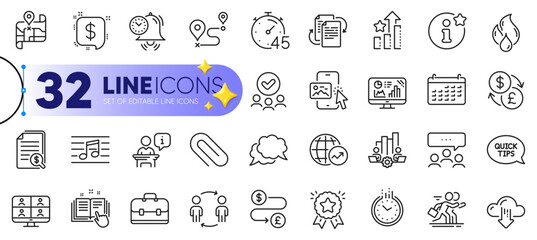 Outline set of Musical note, Bureaucracy and Map line icons for web with Financial documents, Analytics graph, Ranking star thin icon. Podium, Teamwork chart, Timer pictogram icon. Vector