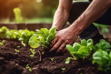 Farmer's Hand Planting Young Lettuce Seedlings in Vegetable Garden. AI - obrazy, fototapety, plakaty
