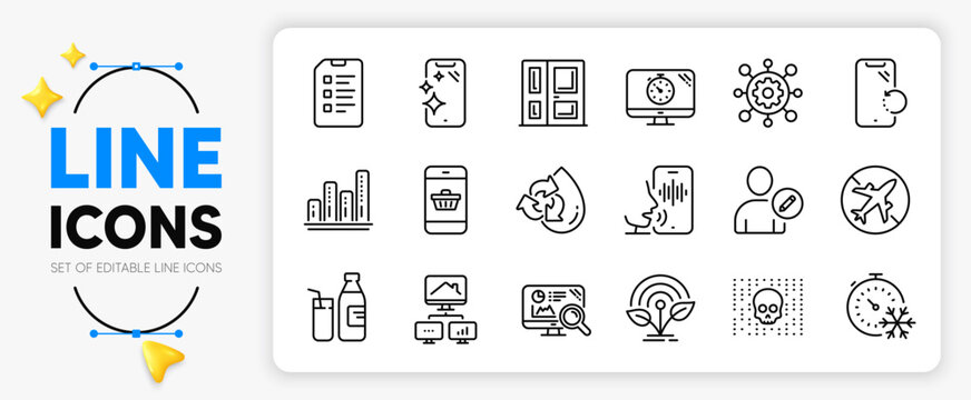 Milk, Smartphone recovery and Airplane mode line icons set for app include Entrance, Freezing timer, Checklist outline thin icon. Edit user, Seo analytics, Recycle water pictogram icon. Vector