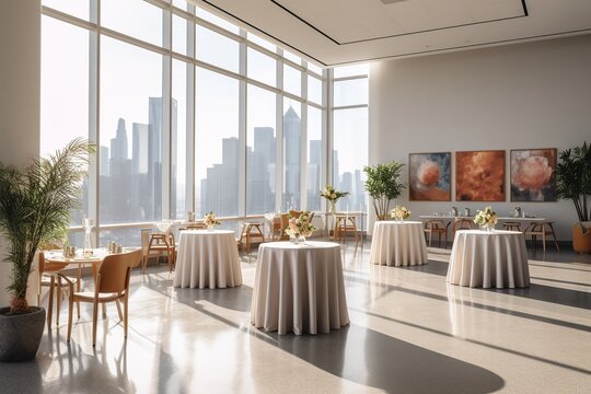 modern corporate event space with sleek design, sophisticated furniture, contemporary art, and city views.
