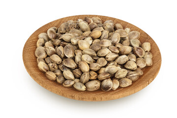 Hemp seeds in wooden bowl isolated on white background with full depth of field