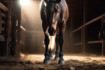 Well-groomed horse in the stable. Generative AI.