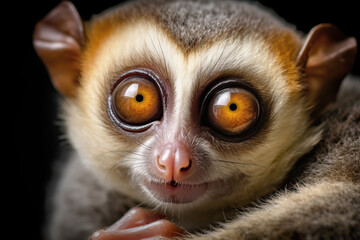 Stunning Portrait of slow Loris monkey with the big round eyes. Amazing Wildlife. Generative Ai - obrazy, fototapety, plakaty