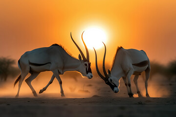 Two Oryx fighting in the desert at susnset. Amazing African Wildlife. Generative Ai - obrazy, fototapety, plakaty