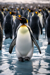 Obraz premium King penguin colony on the coast. Amazing Wildlife. Generative Ai