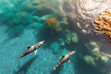 Fototapeta na wymiar Aerial view of two dolphins swimming in a crystal clear water. Amazing Wildlife. Generative Ai