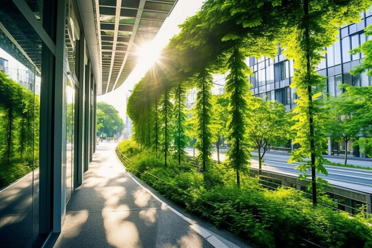 Sustainable building with green infrastructure and energy-efficient design, Natural climate solutions, nature background Generative AI