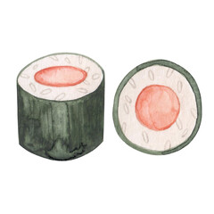 Watercolor illustration of maki roll with salmon. Japanese snack. Drawn by hand. Isolated on a transparent background.