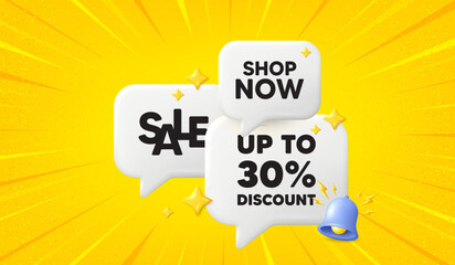 Up to 30 percent discount. 3d offer chat speech bubbles. Sale offer price sign. Special offer symbol. Save 30 percentages. Discount tag speech bubble 3d message. Talk box banner with bell. Vector