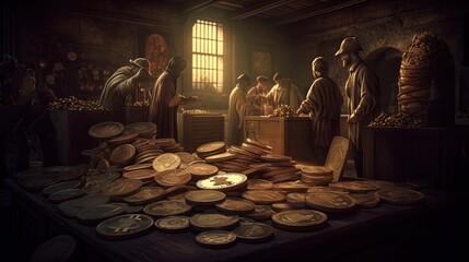 golden coin, bitcoin stack on table, with miners talking in room, gold rush, Generative Ai