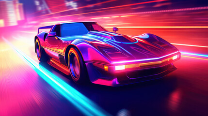 Obraz na płótnie Canvas Sport car driving at high speed city, neon light 
