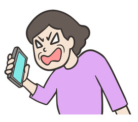携帯電話でクレームを言うおばさん、中年女性