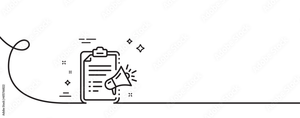 Poster megaphone checklist line icon. continuous one line with curl. advertisement device symbol. brand amb