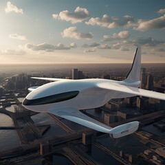 Fototapeta premium Future of air mobility, city air taxi, UAM urban air mobility, Public aerial transportation, Passenger Autonomous Aerial Vehicle AAV in sky, Generative AI