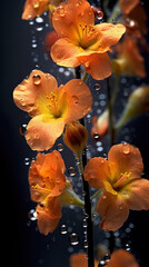 Flowers pressed up against glass covered in condensation, flowers dripping, water droplets.