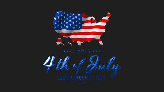 Happy 4th of July greeting animation 2023, lettering text with waving USA flag inside map. Independence Day united states of america concept, for banner, feed, stories. Alpha or transparent background