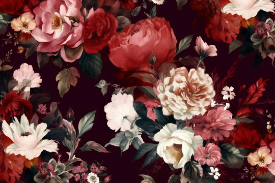 burgundy background peony art nature vintage wallpaper decoration bouquet flower dark. Generative AI.