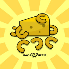 A piece of cheese with some Macaroni and bold text on shiny yellow background to celebrate National Mac and Cheese Day on July 14