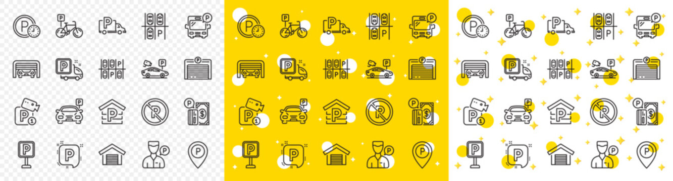 Car garage, Valet servant and Paid transport parking icons. Parking line icons. Video monitoring, Bike or Car park and Truck or Bus transport garage. Money payment, Map pointer and Free park. Vector