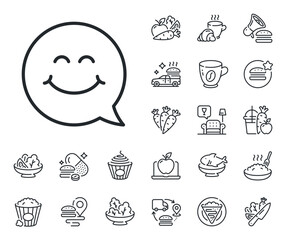 Happy emoticon chat sign. Crepe, sweet popcorn and salad outline icons. Smile face line icon. Speech bubble symbol. Smile face line sign. Pasta spaghetti, fresh juice icon. Supply chain. Vector