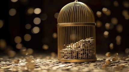 Caged Wealth: Coins in a Birdcage on a Dark Background made with Generative AI