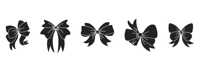 Obraz premium Gift bow set. Black silhouette, birthday and christmas elegant ribbons for presents decoration. Different decor for boxes packaging. Wrapping elements, cards wrap pack vector isolated set
