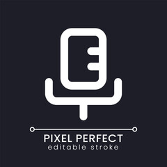 Microphone pixel perfect white linear ui icon for dark theme. Sound record. Send voice message. Vector line pictogram. Isolated user interface symbol for night mode. Editable stroke. Poppins font used