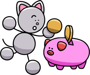 豚の貯金箱に貯金するにゃんまるのイラスト　猫