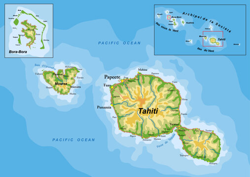 Tahiti and Bora-Bora highly detailed physical map
