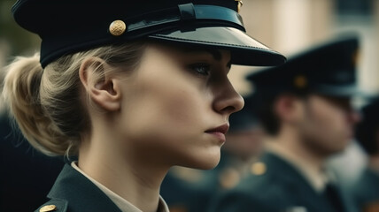 Female Soldier Portrait at Military Ceremony. US Officer Woman. Army, Veterans Day, United States Armed Forces, Memorial Day. generative ai