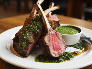 An image of a tender and perfectly cooked rack of lamb, seasoned with herbs and served with mint sauce. 