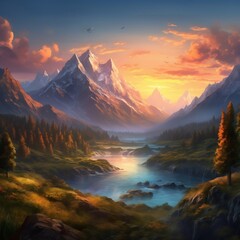 Fototapeta na wymiar Majestic Mountain Sunset: Breathtaking Landscape. Generative AI