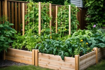 Fototapeta na wymiar Organic Vertical Vegetable Garden with Wooden Raised Bed, Including Beans, in a Big Metropolis. AI