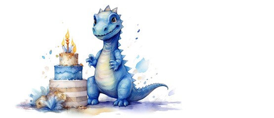 Blue dinosaur celebrating birthday, blue dragon and birthday cake, children´s birthday card, celebration, cakes with candles, white background. Generative AI.