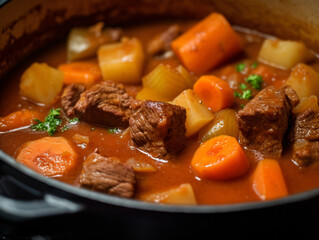 A close-up shot of a hearty beef stew simmering in a rich and savory broth.