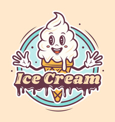 Ice cream cafe logo, cute character cartoon design. Ice cream in a waffle cone with a text. Template. Cute illustration
