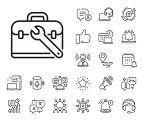 Repair tool case sign. Place location, technology and smart speaker outline icons. Spanner tool line icon. Fix instruments symbol. Tool case line sign. Influencer, brand ambassador icon. Vector