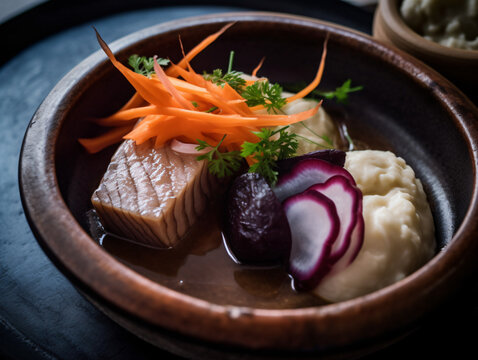 A dish of H&aacute;karl, fermented shark meat.