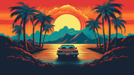 sunset on the beach in the car, palm, tropical, sky, sun