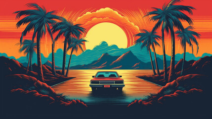 Obraz premium sunset on the beach in the car, palm, tropical, sky, sun