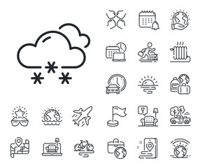 Clouds with snowflake sign. Plane jet, travel map and baggage claim outline icons. Snow weather forecast line icon. Cloudy sky symbol. Snow weather line sign. Car rental, taxi transport icon. Vector