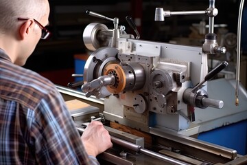 Fototapeta premium A turner makes a part on a lathe. Generative AI