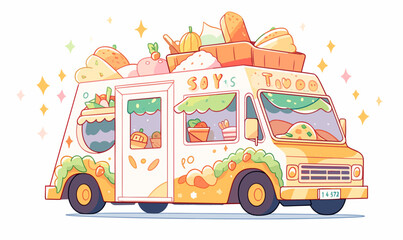 A cheerful taco truck with cheery colors and tacos that are grinning