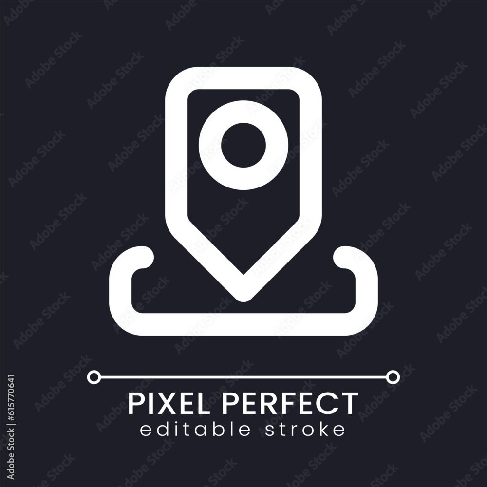 Poster location pin pixel perfect white linear ui icon for dark theme. share position and geolocation. vect