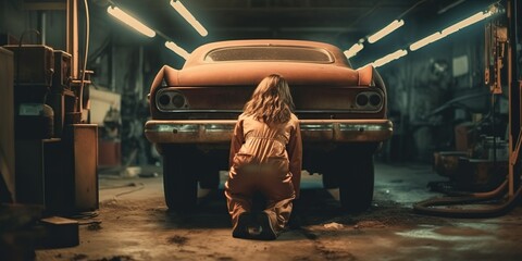 Rear view of female mechanic wearing grease-stained jumpsuit working on engine under car lift, concept of Automotive repair, created with Generative AI technology