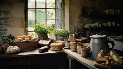 Fototapeta premium an old kitchen with pots, pans and other items on the counter in front of a window that is open