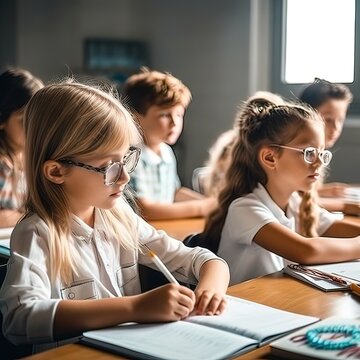 Children sit at their desks at school in the classroom. Generative AI
