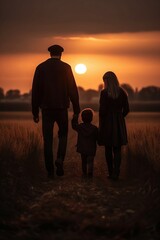 Fototapeta na wymiar Happy family walking on the field at the sunset time, Generative AI