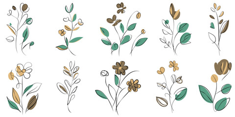 Vintage Floral Hand Drawn Botanical Flower Vector Set Collection Bundle